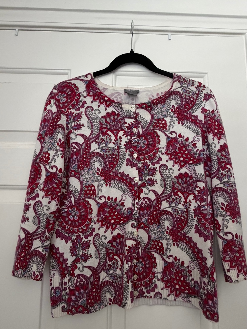 Ann Taylor White & Raspberry Paisley Button-Front Top